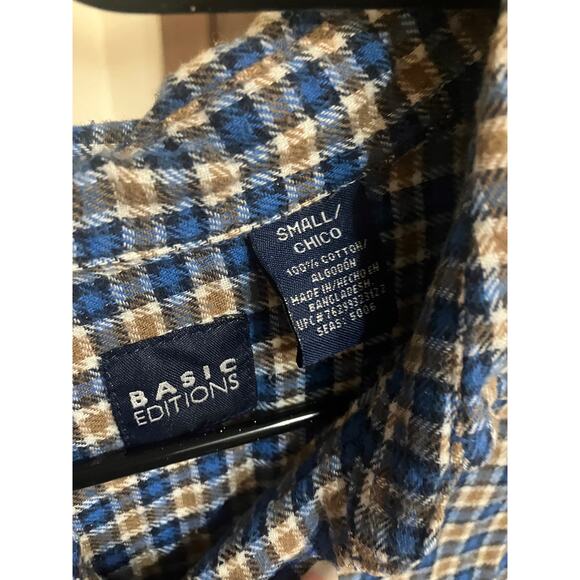 Basic Editions Men’s S Flannel Shirt 100% Cotton Blue Tan Small Checks - Picture 2 of 5